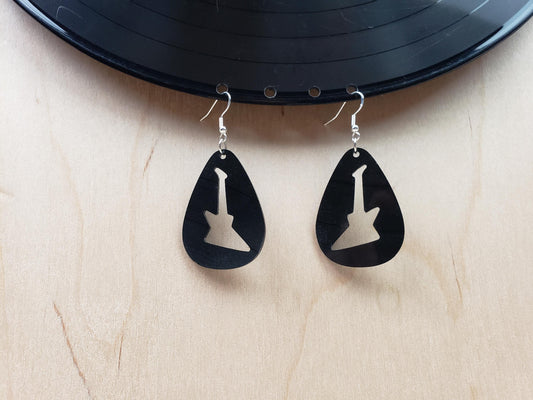 Rock Guitar Earrings Upcycled Vinyl Records, Rock N Roll Fashion Jewelry Made From Vintage Album, Teardrop Guitar Pick Shape, Reclaimed LP
