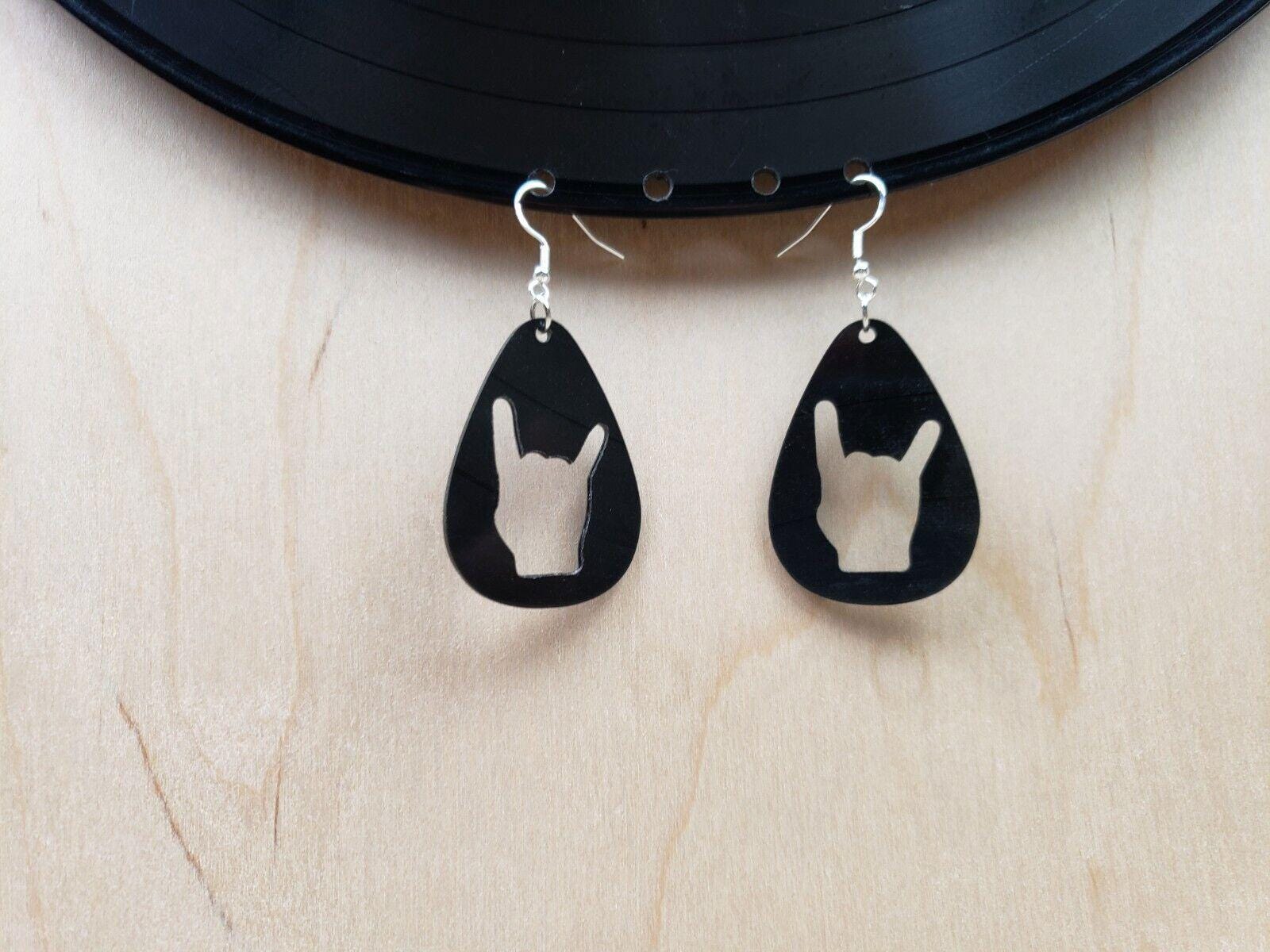 Rock N Roll Hand Horn Earrings Made From Upcycled Vinyl Records, Rock Salute Hands Sign Fashion Jewelry Sillouette, Metal Punk Classic Rock
