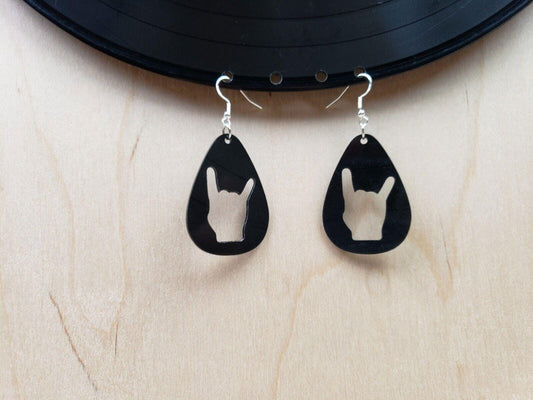 Rock N Roll Hand Horn Earrings Made From Upcycled Vinyl Records, Rock Salute Hands Sign Fashion Jewelry Sillouette, Metal Punk Classic Rock
