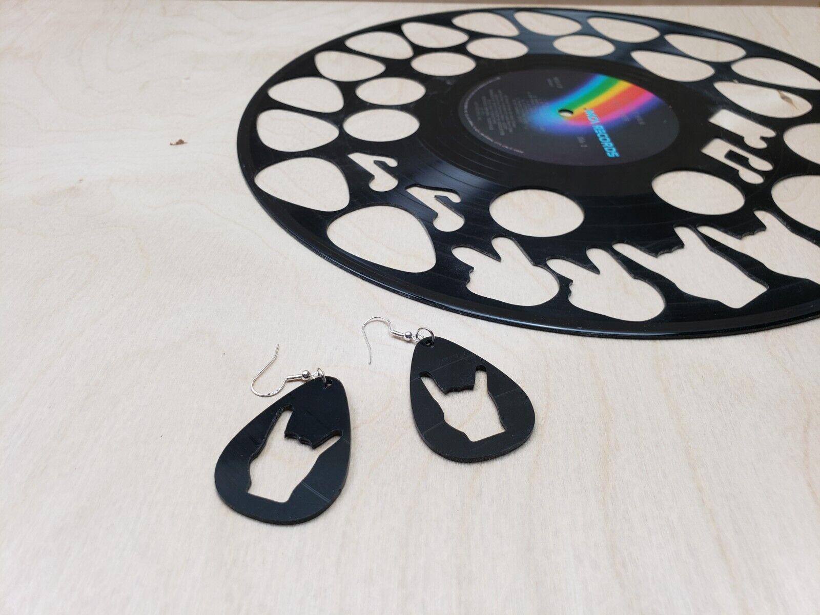 Rock N Roll Hand Horn Earrings Made From Upcycled Vinyl Records, Rock Salute Hands Sign Fashion Jewelry Sillouette, Metal Punk Classic Rock