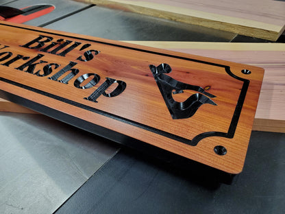 Custom Workshop Sign, Personalized Woodworking Shop Plaque, Carved Woodworkers Sign, Solid Exterior Interior Wood, Gift for Dad Papa, Wooden