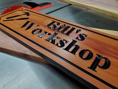Custom Workshop Sign, Personalized Woodworking Shop Plaque, Carved Woodworkers Sign, Solid Exterior Interior Wood, Gift for Dad Papa, Wooden