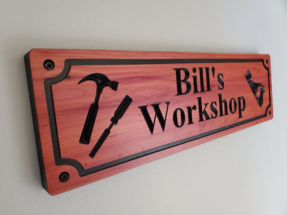 Custom Workshop Sign, Personalized Woodworking Shop Plaque, Carved Woodworkers Sign, Solid Exterior Interior Wood, Gift for Dad Papa, Wooden