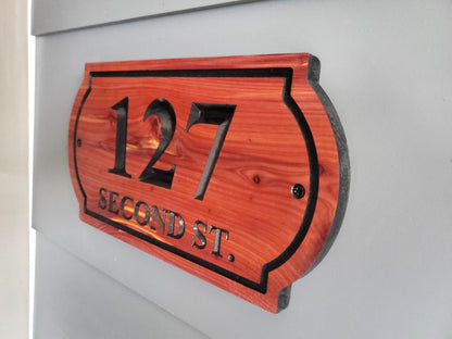 House Street Address Sign, Carved Home Streeet Number And Name Plaque, Mahogany Cypress Cedar Sign, Exterior Solid Wood, Classic Decor