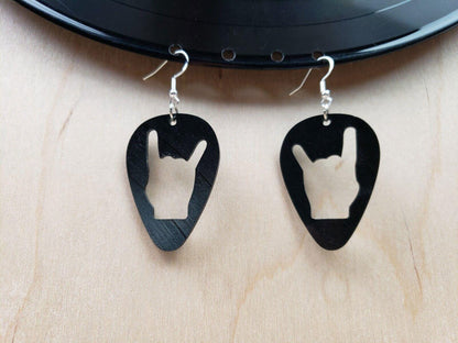 Rock N Roll Salute Earrings Made From Upcycled Vinyl Records, Devil Horn Hands Sign Fashion Jewelry Sillouette, Metal Punk Classic Rock