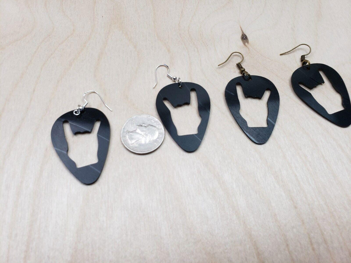 Rock N Roll Salute Earrings Made From Upcycled Vinyl Records, Devil Horn Hands Sign Fashion Jewelry Sillouette, Metal Punk Classic Rock