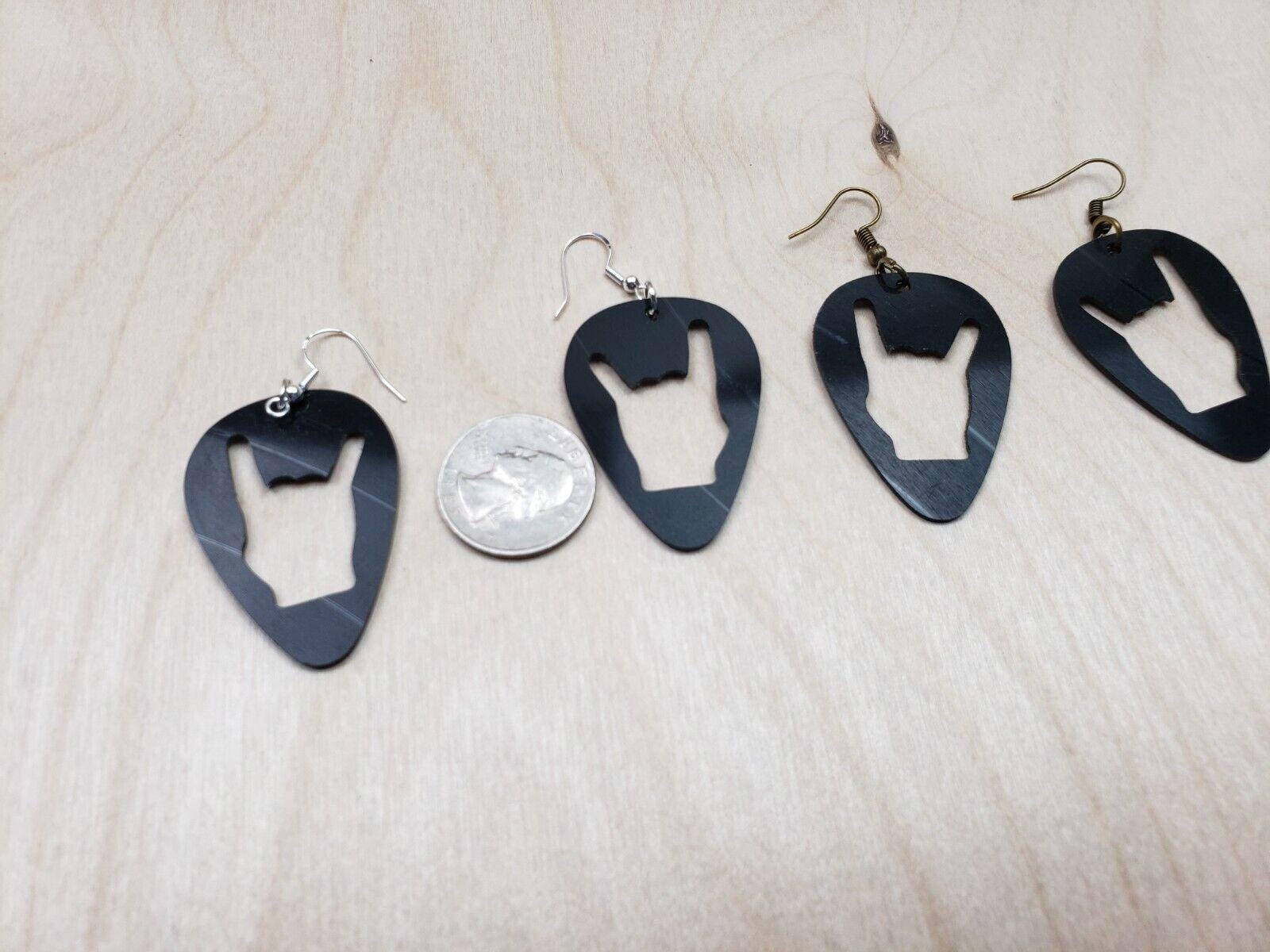 Rock N Roll Salute Earrings Made From Upcycled Vinyl Records, Devil Horn Hands Sign Fashion Jewelry Sillouette, Metal Punk Classic Rock