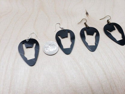 Rock N Roll Salute Earrings Made From Upcycled Vinyl Records, Devil Horn Hands Sign Fashion Jewelry Sillouette, Metal Punk Classic Rock