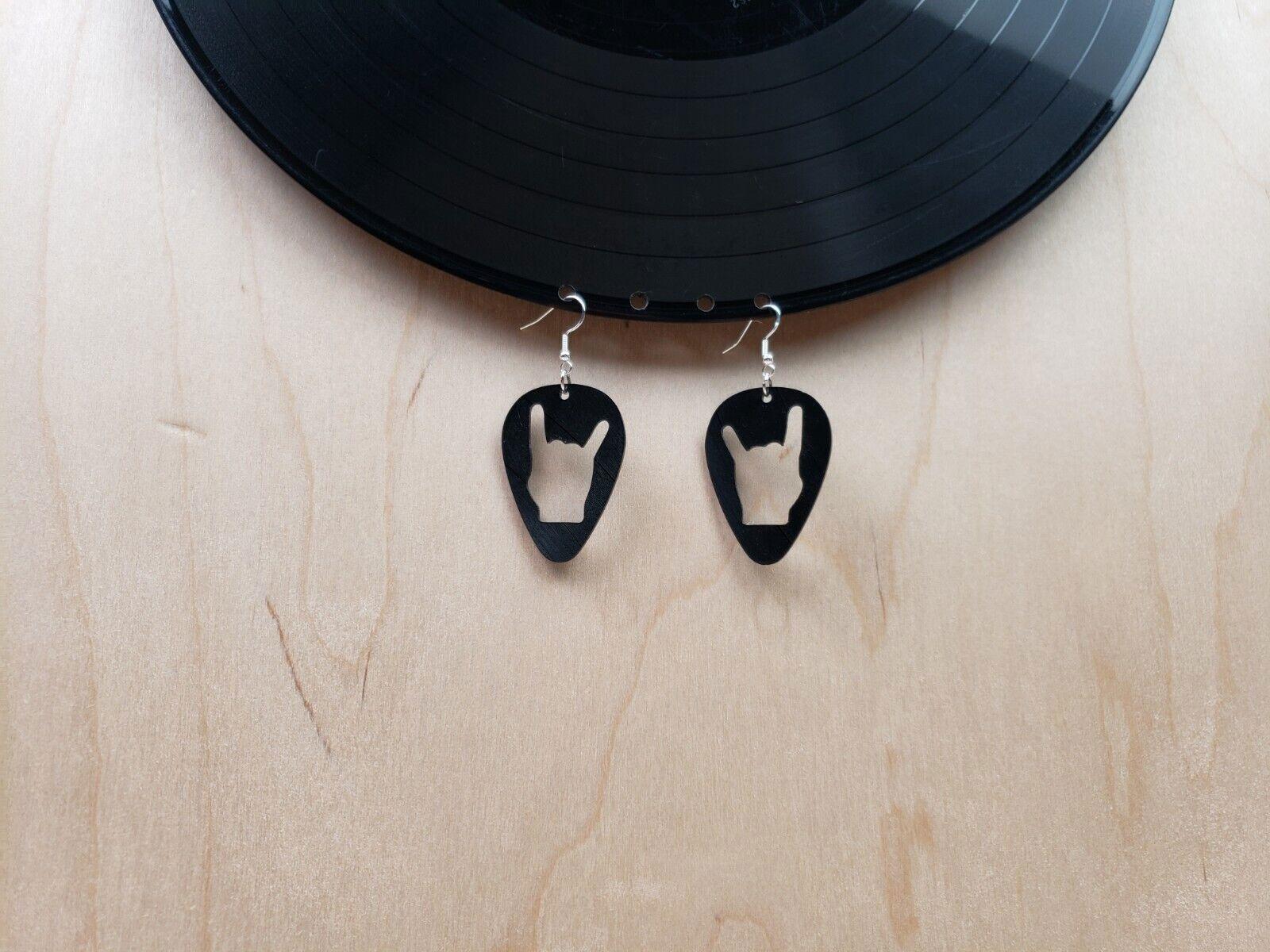 Rock N Roll Salute Earrings Made From Upcycled Vinyl Records, Devil Horn Hands Sign Fashion Jewelry Sillouette, Metal Punk Classic Rock