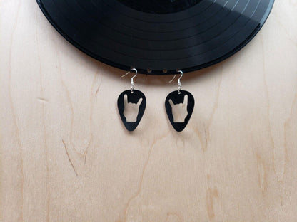 Rock N Roll Salute Earrings Made From Upcycled Vinyl Records, Devil Horn Hands Sign Fashion Jewelry Sillouette, Metal Punk Classic Rock
