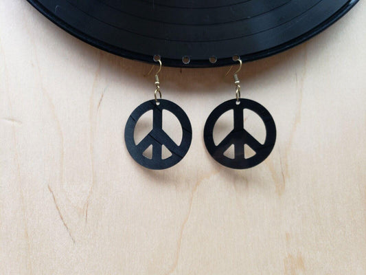 Upcycled Vinyl Record Peace And Love Sign Earrings, Repurposed Boho Fashion Jewelry, Hippie Fashion Drop, Peace Symbol, Recycled Vintage