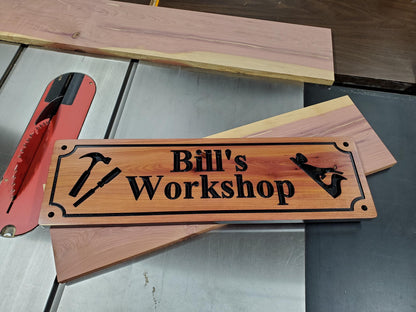 Custom Workshop Sign, Personalized Woodworking Shop Plaque, Carved Woodworkers Sign, Solid Exterior Interior Wood, Gift for Dad Papa, Wooden