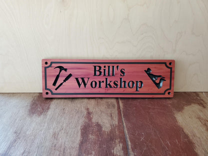 Custom Workshop Sign, Personalized Woodworking Shop Plaque, Carved Woodworkers Sign, Solid Exterior Interior Wood, Gift for Dad Papa, Wooden