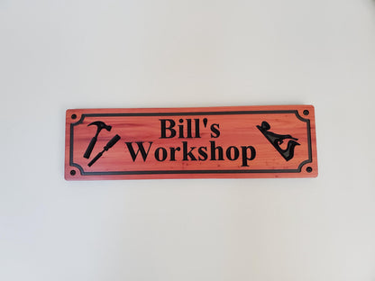 Custom Workshop Sign, Personalized Woodworking Shop Plaque, Carved Woodworkers Sign, Solid Exterior Interior Wood, Gift for Dad Papa, Wooden
