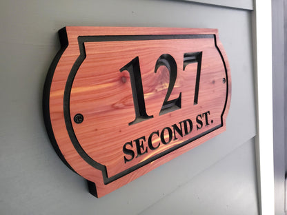 House Street Address Sign, Carved Home Streeet Number And Name Plaque, Mahogany Cypress Cedar Sign, Exterior Solid Wood, Classic Decor
