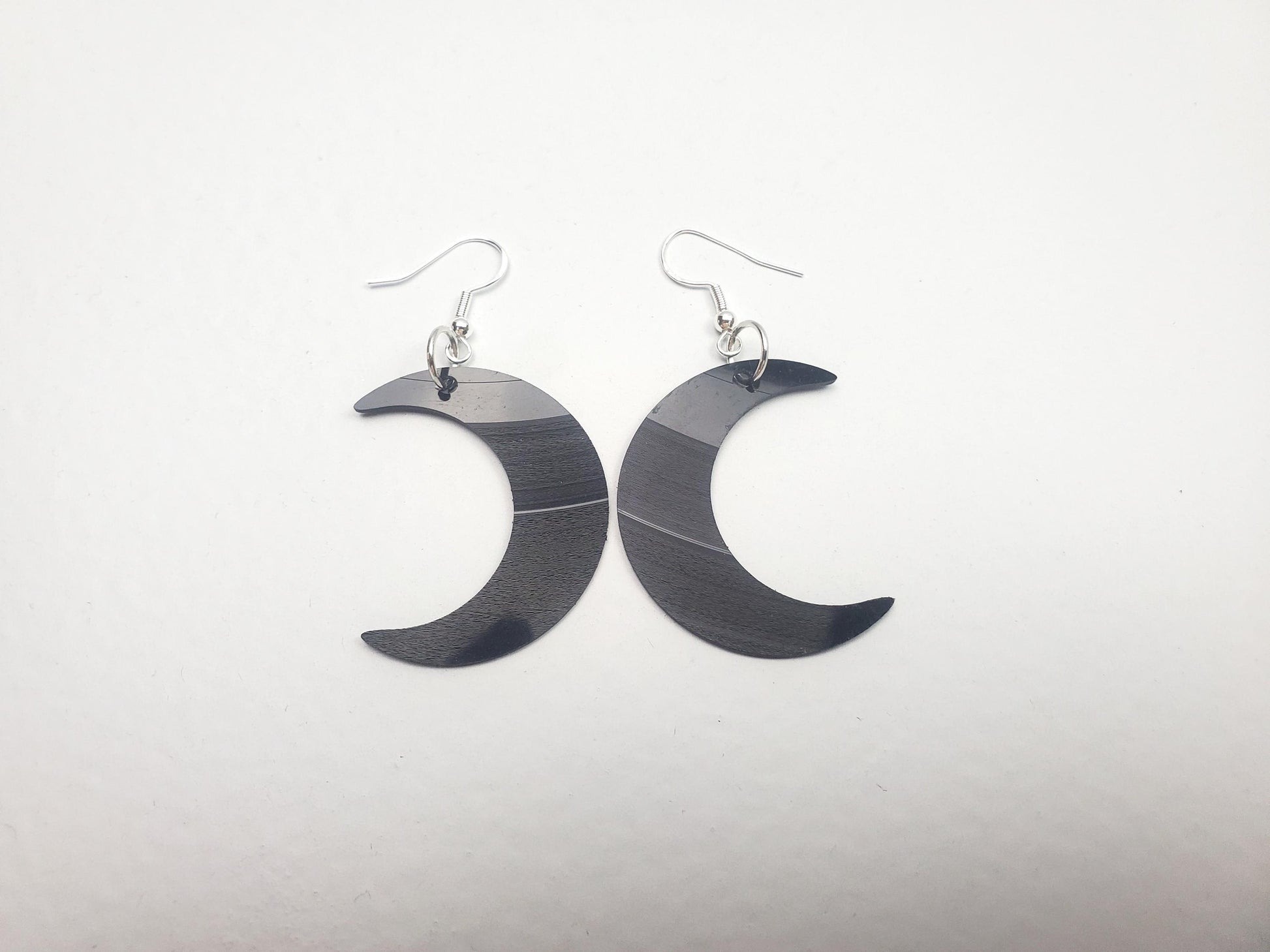 Repurposed Crescent Moon Earrings Made From Upcycled Vinyl Records, Lunar Celestial Fashion Jewelry Moon Sillouette, Moon Shape Dangle