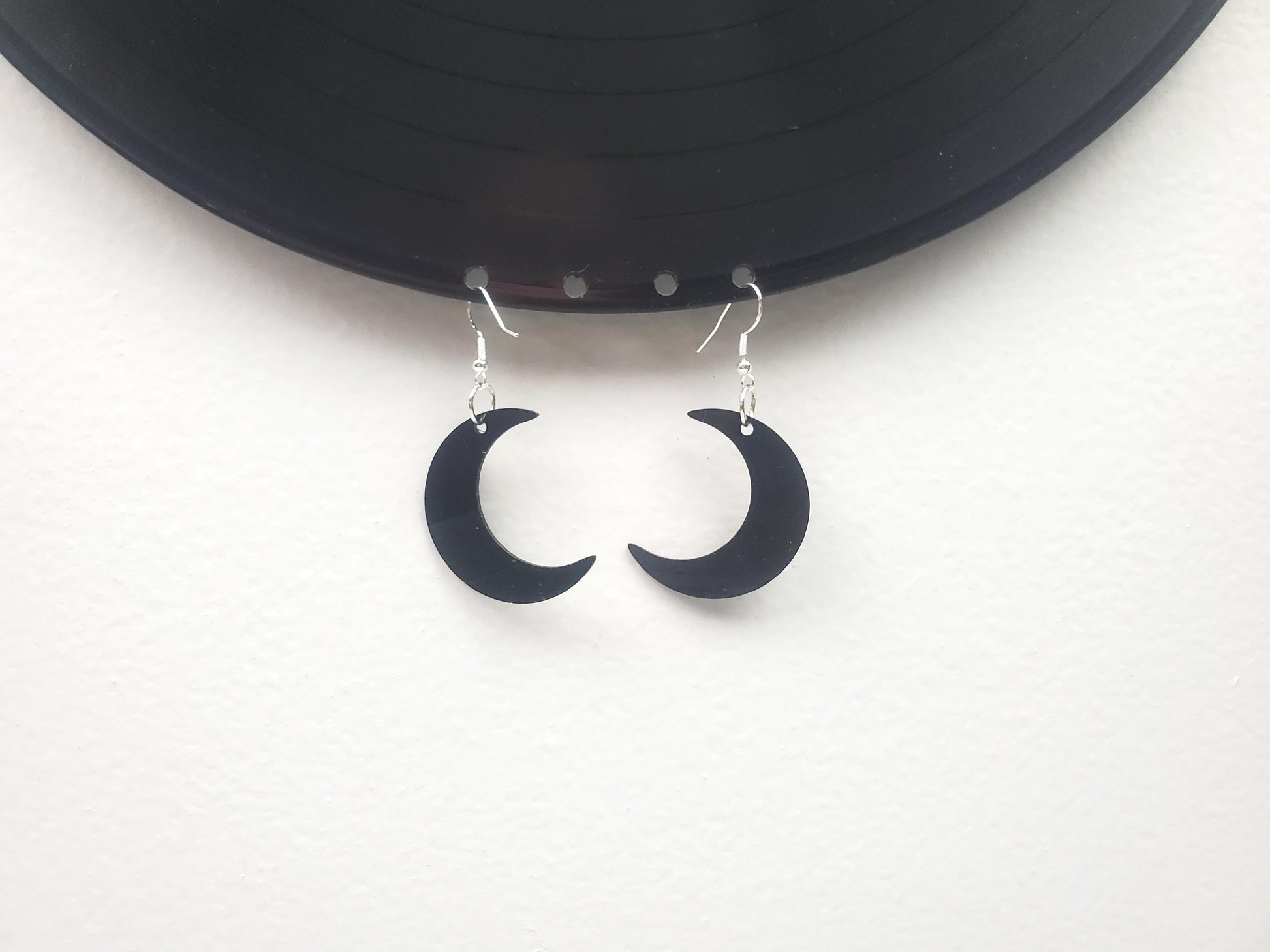 Repurposed Crescent Moon Earrings Made From Upcycled Vinyl Records, Lunar Celestial Fashion Jewelry Moon Sillouette, Moon Shape Dangle