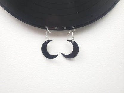 Repurposed Crescent Moon Earrings Made From Upcycled Vinyl Records, Lunar Celestial Fashion Jewelry Moon Sillouette, Moon Shape Dangle