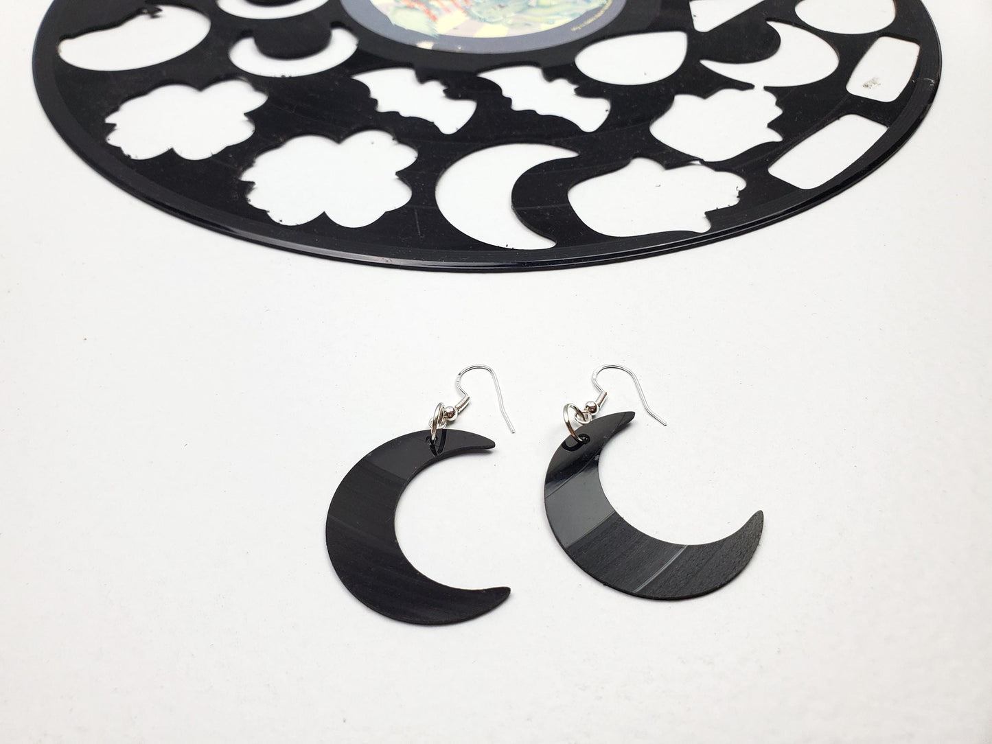 Repurposed Crescent Moon Earrings Made From Upcycled Vinyl Records, Lunar Celestial Fashion Jewelry Moon Sillouette, Moon Shape Dangle