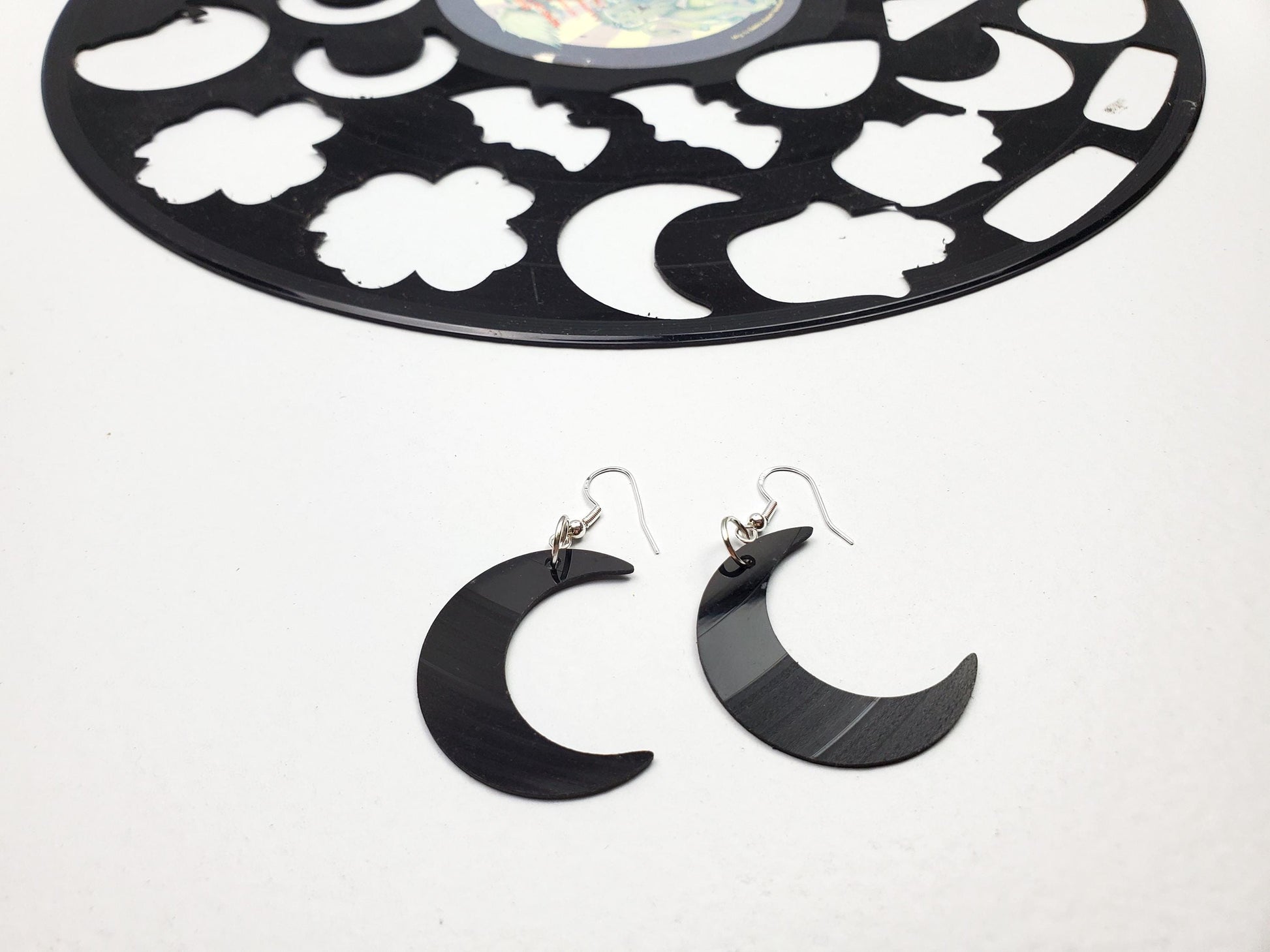 Repurposed Crescent Moon Earrings Made From Upcycled Vinyl Records, Lunar Celestial Fashion Jewelry Moon Sillouette, Moon Shape Dangle
