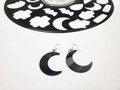 Repurposed Crescent Moon Earrings Made From Upcycled Vinyl Records, Lunar Celestial Fashion Jewelry Moon Sillouette, Moon Shape Dangle