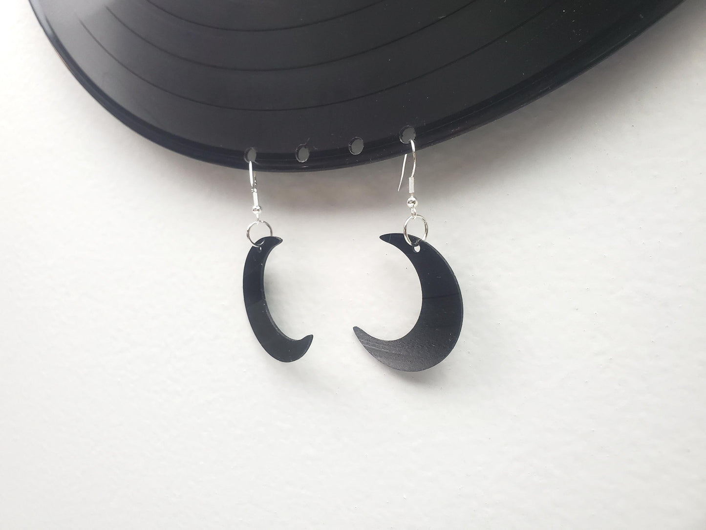 Repurposed Crescent Moon Earrings Made From Upcycled Vinyl Records, Lunar Celestial Fashion Jewelry Moon Sillouette, Moon Shape Dangle
