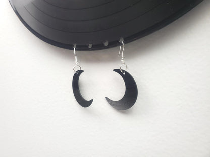 Repurposed Crescent Moon Earrings Made From Upcycled Vinyl Records, Lunar Celestial Fashion Jewelry Moon Sillouette, Moon Shape Dangle