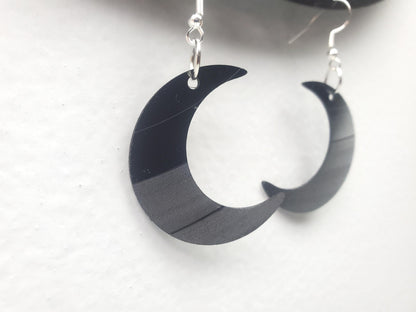 Repurposed Crescent Moon Earrings Made From Upcycled Vinyl Records, Lunar Celestial Fashion Jewelry Moon Sillouette, Moon Shape Dangle