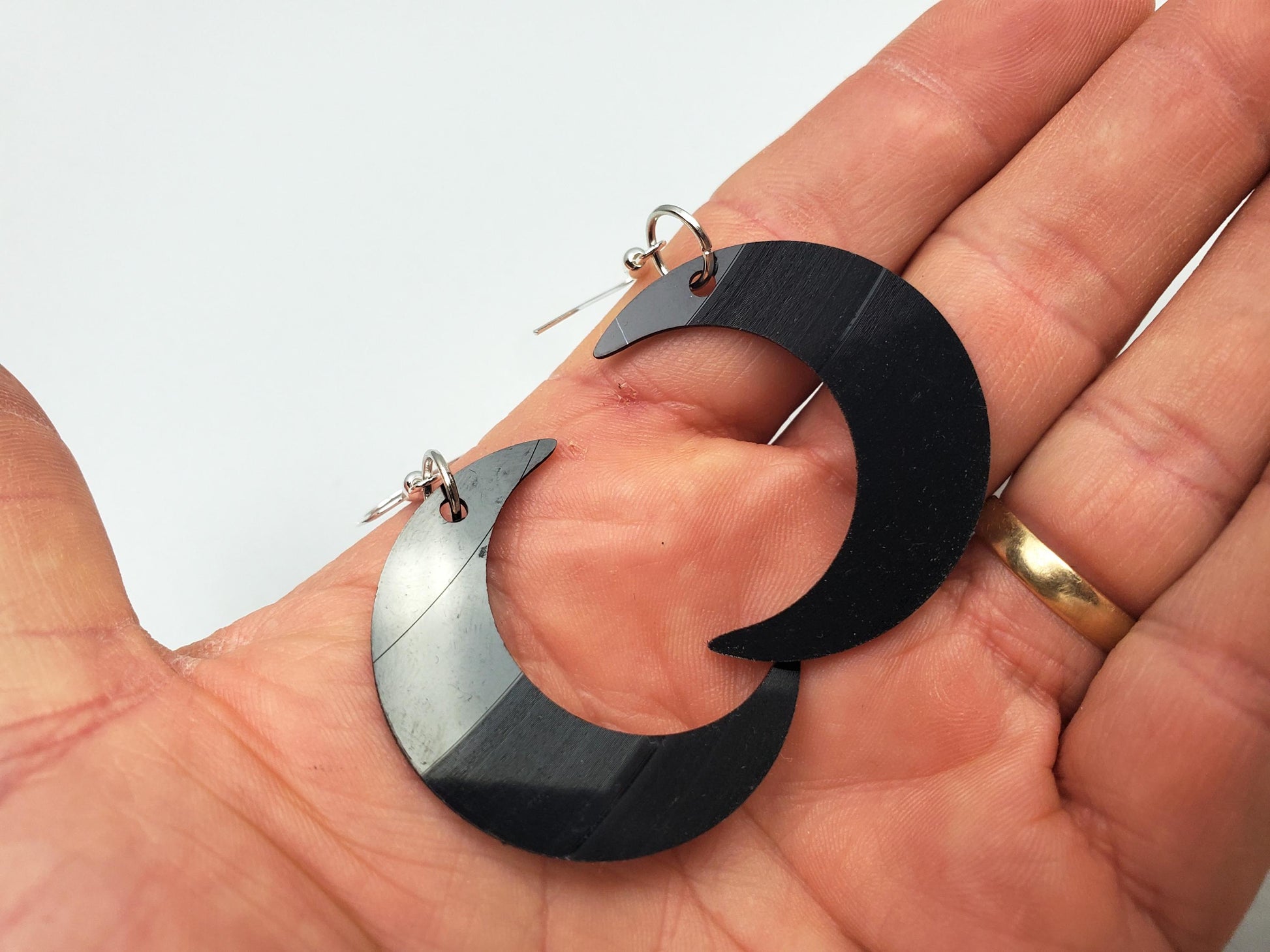 Repurposed Crescent Moon Earrings Made From Upcycled Vinyl Records, Lunar Celestial Fashion Jewelry Moon Sillouette, Moon Shape Dangle