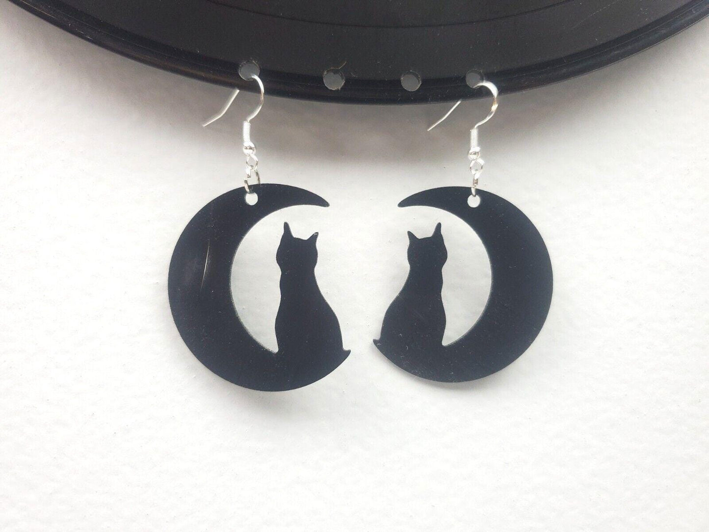 Repurposed Black Cat Crescent Moon Earrings Made From Upcycled Vinyl Records, Lunar Celestial Fashion Jewelry Moon Sillouette, Moon Shape