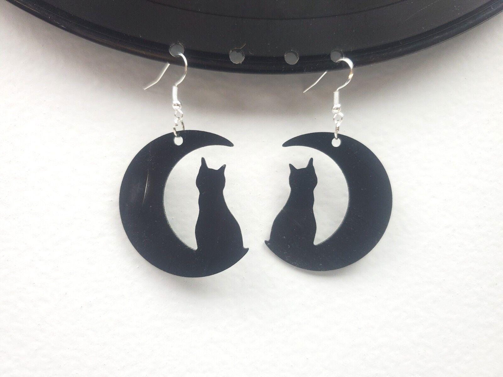Repurposed Black Cat Crescent Moon Earrings Made From Upcycled Vinyl Records, Lunar Celestial Fashion Jewelry Moon Sillouette, Moon Shape