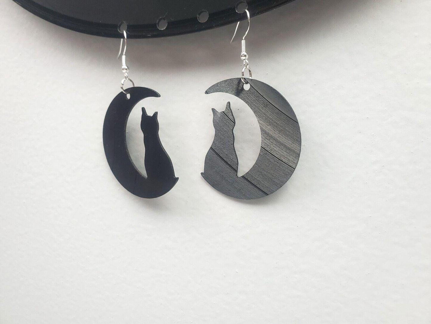 Repurposed Black Cat Crescent Moon Earrings Made From Upcycled Vinyl Records, Lunar Celestial Fashion Jewelry Moon Sillouette, Moon Shape