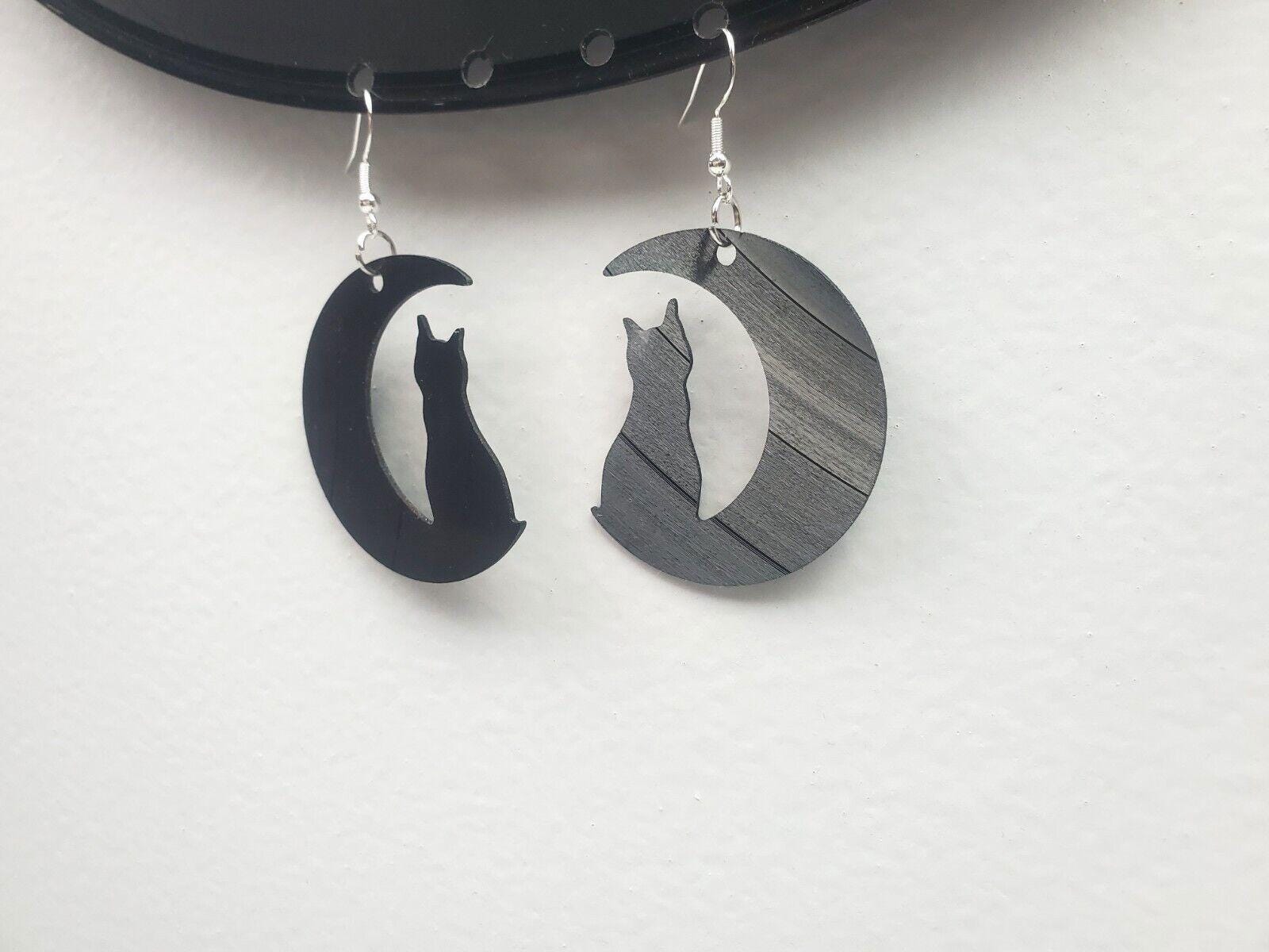 Repurposed Black Cat Crescent Moon Earrings Made From Upcycled Vinyl Records, Lunar Celestial Fashion Jewelry Moon Sillouette, Moon Shape