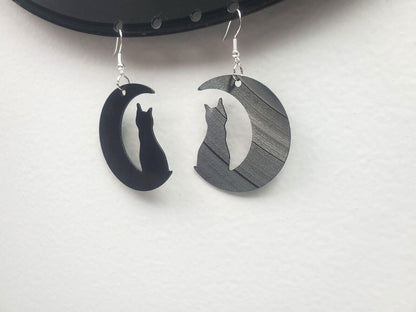 Repurposed Black Cat Crescent Moon Earrings Made From Upcycled Vinyl Records, Lunar Celestial Fashion Jewelry Moon Sillouette, Moon Shape
