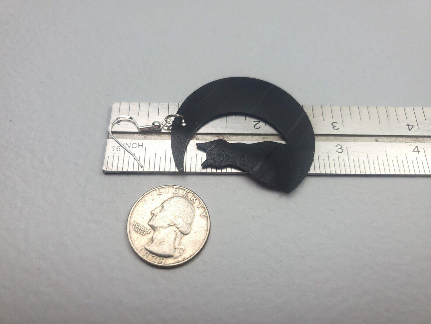 Repurposed Black Cat Crescent Moon Earrings Made From Upcycled Vinyl Records, Lunar Celestial Fashion Jewelry Moon Sillouette, Moon Shape
