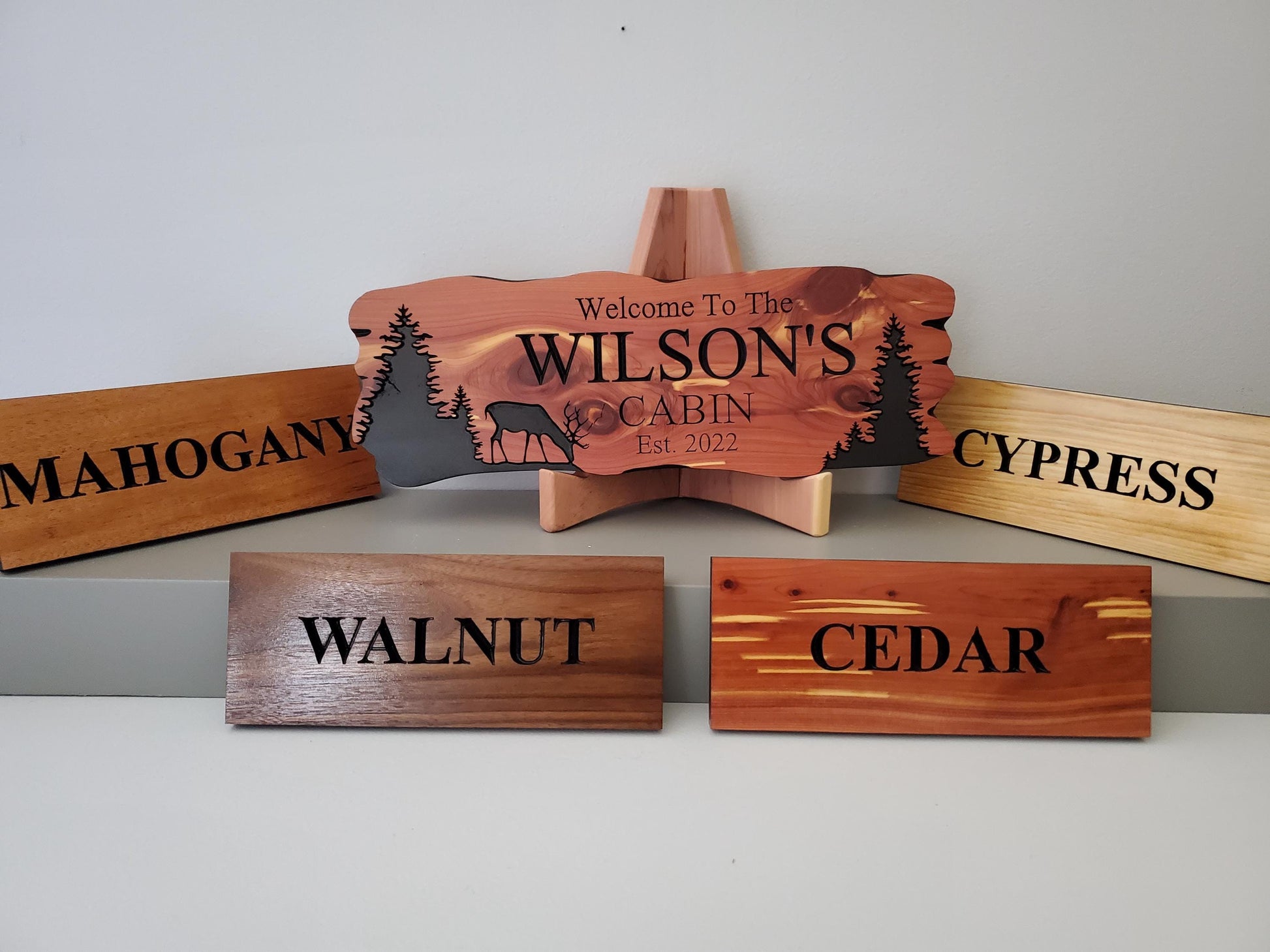 Custom Cabin Sign, Personalized Rustic Family Last Name Outdoor Wooden Plaque, Exterior Welcome With Established Date, Deer Camp Woods Scene
