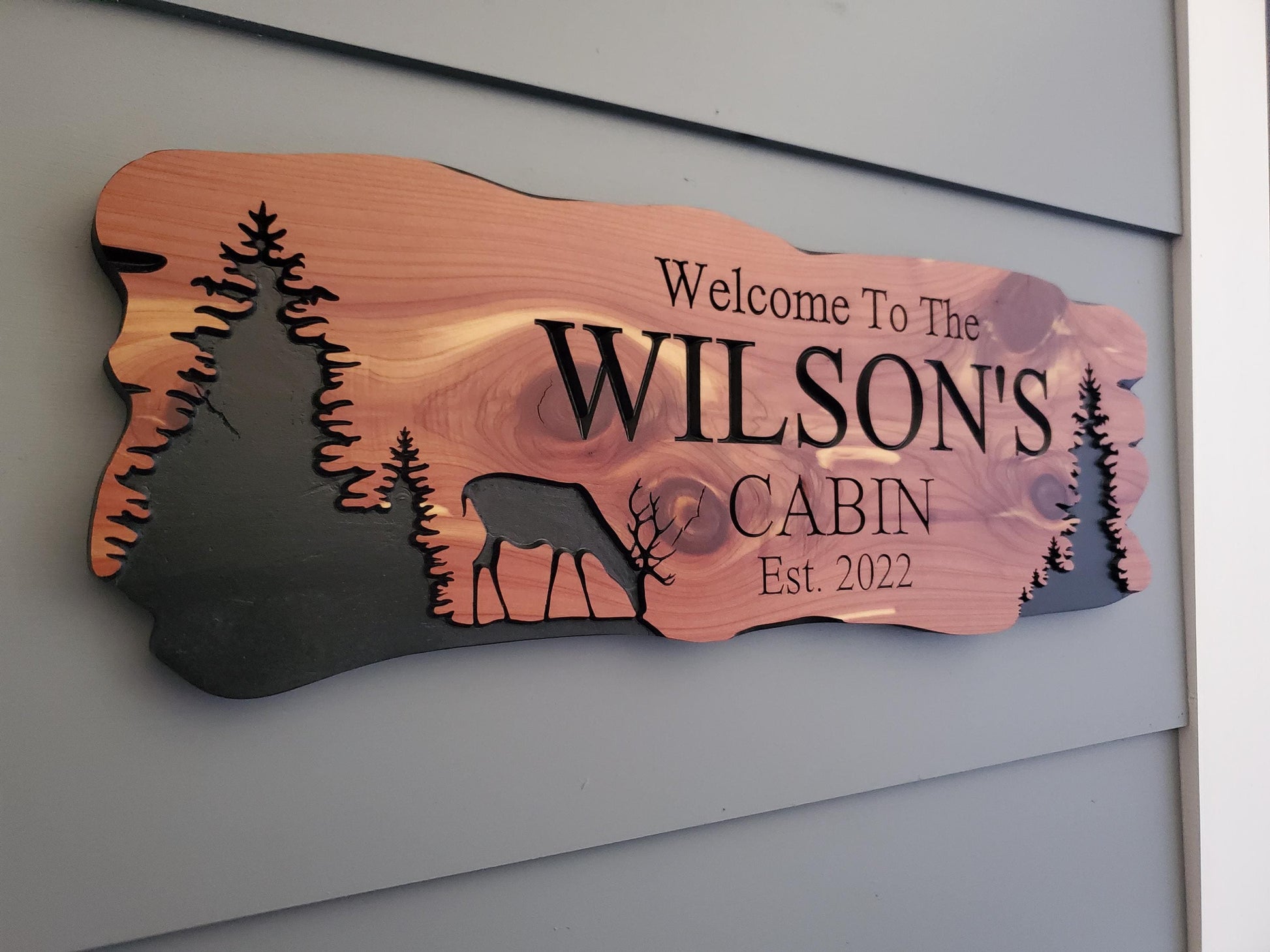 Custom Cabin Sign, Personalized Rustic Family Last Name Outdoor Wooden Plaque, Exterior Welcome With Established Date, Deer Camp Woods Scene