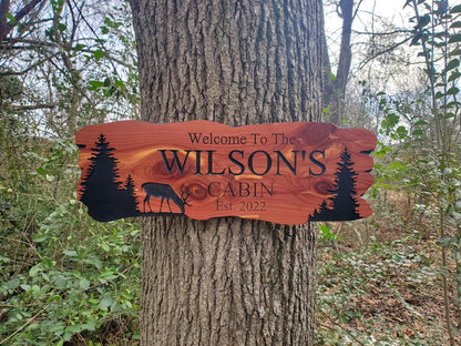 Custom Cabin Sign, Personalized Rustic Family Last Name Outdoor Wooden Plaque, Exterior Welcome With Established Date, Deer Camp Woods Scene