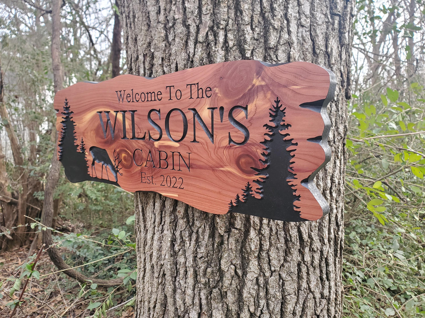 Custom Cabin Sign, Personalized Rustic Family Last Name Outdoor Wooden Plaque, Exterior Welcome With Established Date, Deer Camp Woods Scene