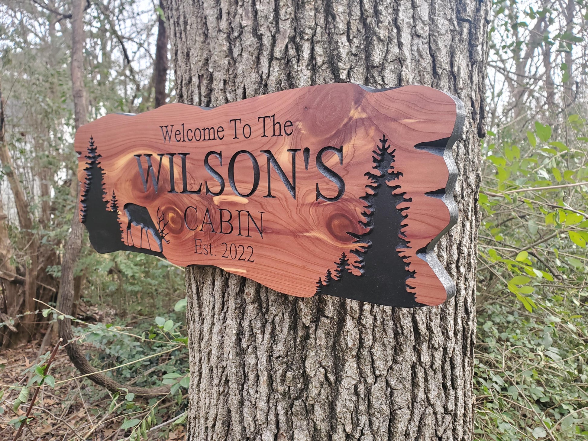 Custom Cabin Sign, Personalized Rustic Family Last Name Outdoor Wooden Plaque, Exterior Welcome With Established Date, Deer Camp Woods Scene