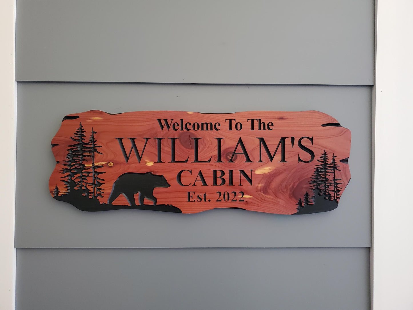 Custom Cabin Sign, Personalized Rustic Vacation Home Wooden Plaque, Family Name Outdoor Wood, Exterior Welcome Established Date, Bear Nature