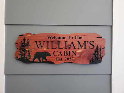 Custom Cabin Sign, Personalized Rustic Vacation Home Wooden Plaque, Family Name Outdoor Wood, Exterior Welcome Established Date, Bear Nature