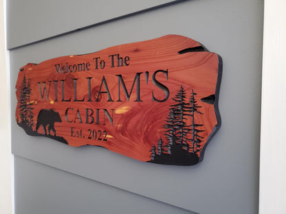Custom Cabin Sign, Personalized Rustic Vacation Home Wooden Plaque, Family Name Outdoor Wood, Exterior Welcome Established Date, Bear Nature