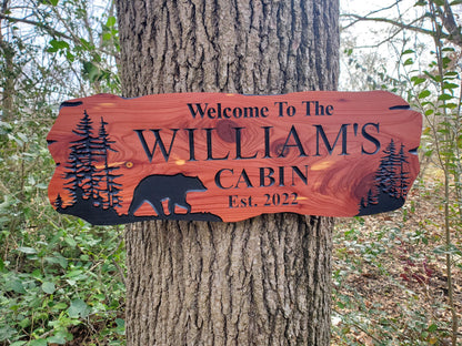 Custom Cabin Sign, Personalized Rustic Vacation Home Wooden Plaque, Family Name Outdoor Wood, Exterior Welcome Established Date, Bear Nature