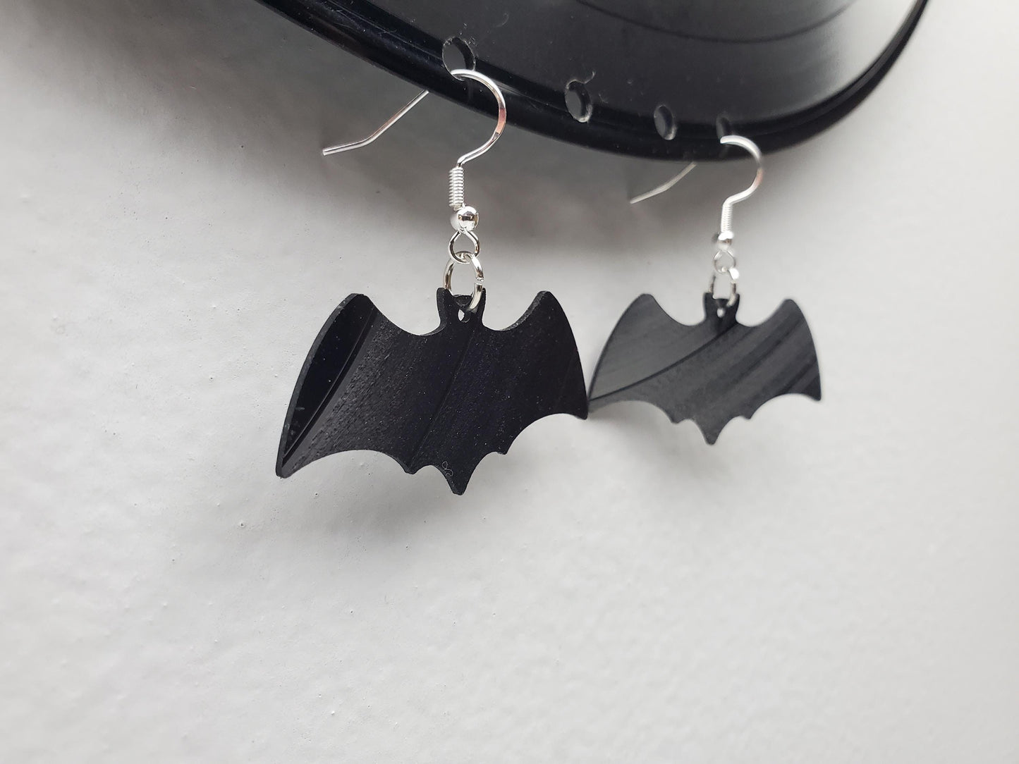 Black Bat Earrings, Repurposed Made From Upcycled Vinyl Music Records, Recylced Fashion Jewelry, Bat Sillouette Shape, Dangle Earrings