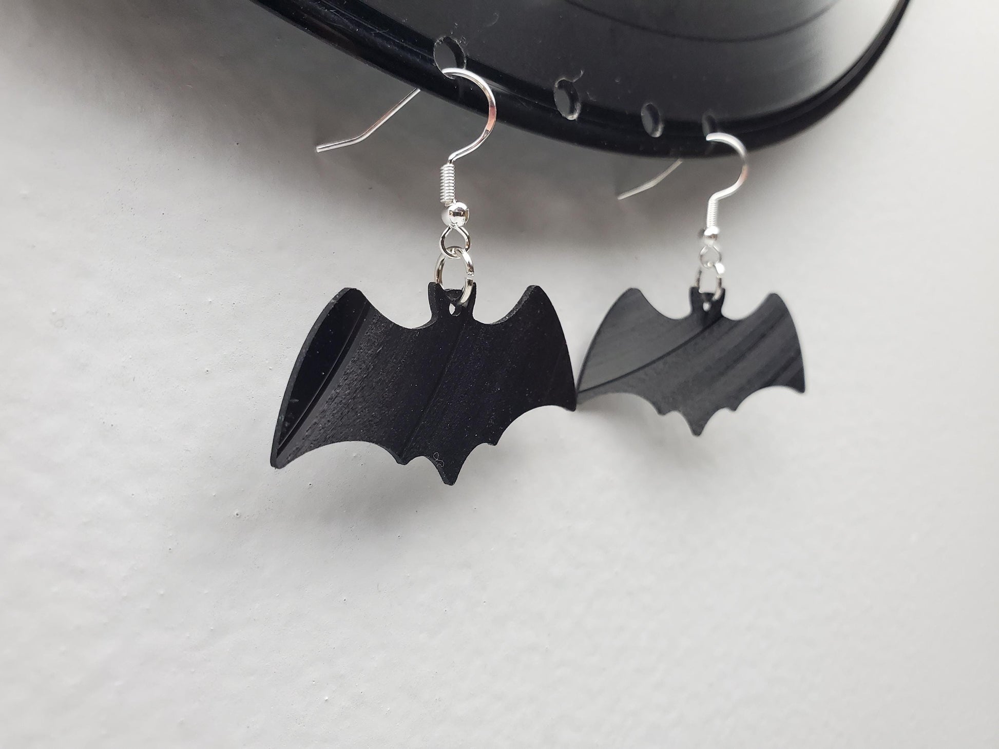 Black Bat Earrings, Repurposed Made From Upcycled Vinyl Music Records, Recylced Fashion Jewelry, Bat Sillouette Shape, Dangle Earrings