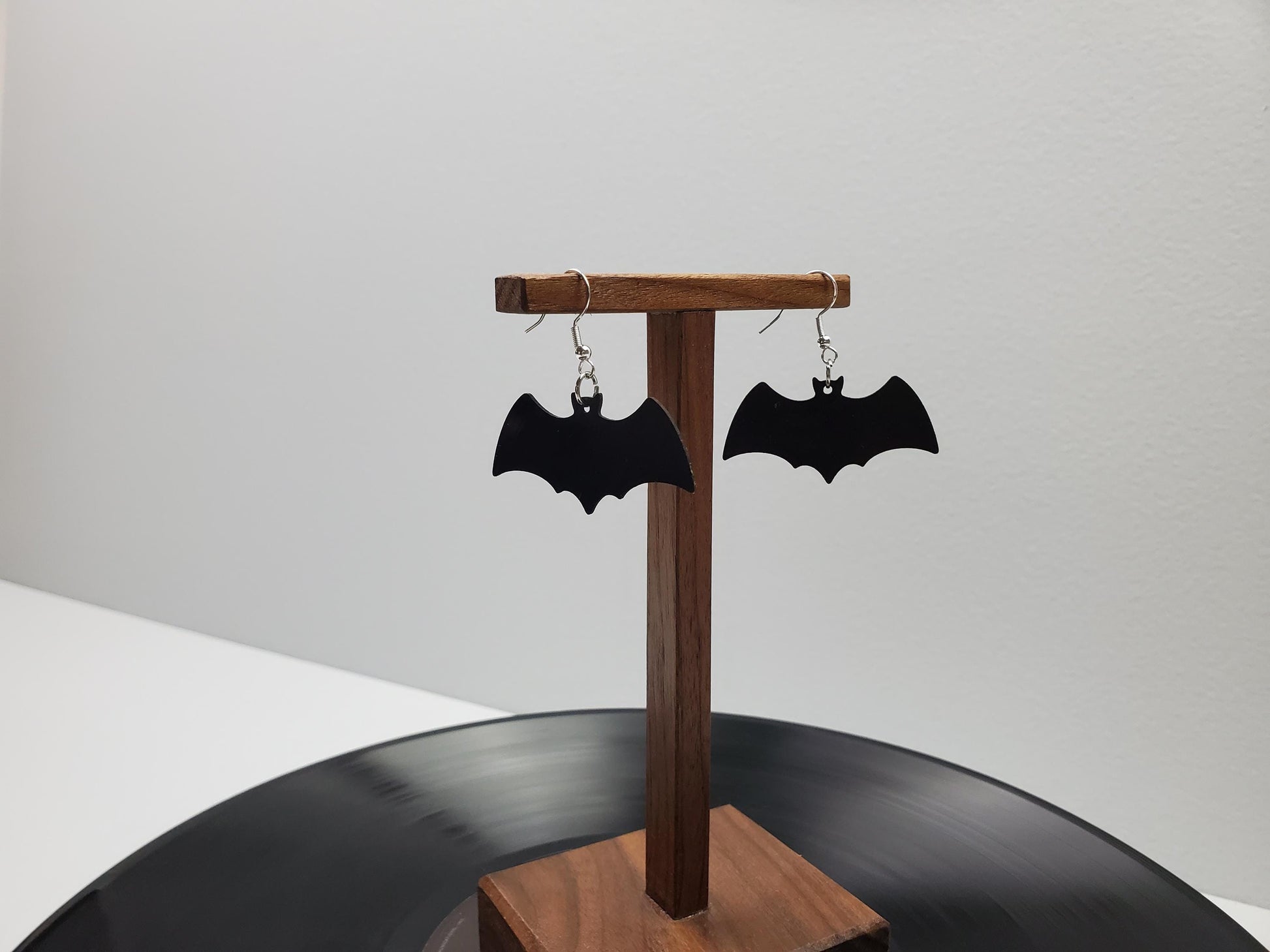 Black Bat Earrings, Repurposed Made From Upcycled Vinyl Music Records, Recylced Fashion Jewelry, Bat Sillouette Shape, Dangle Earrings