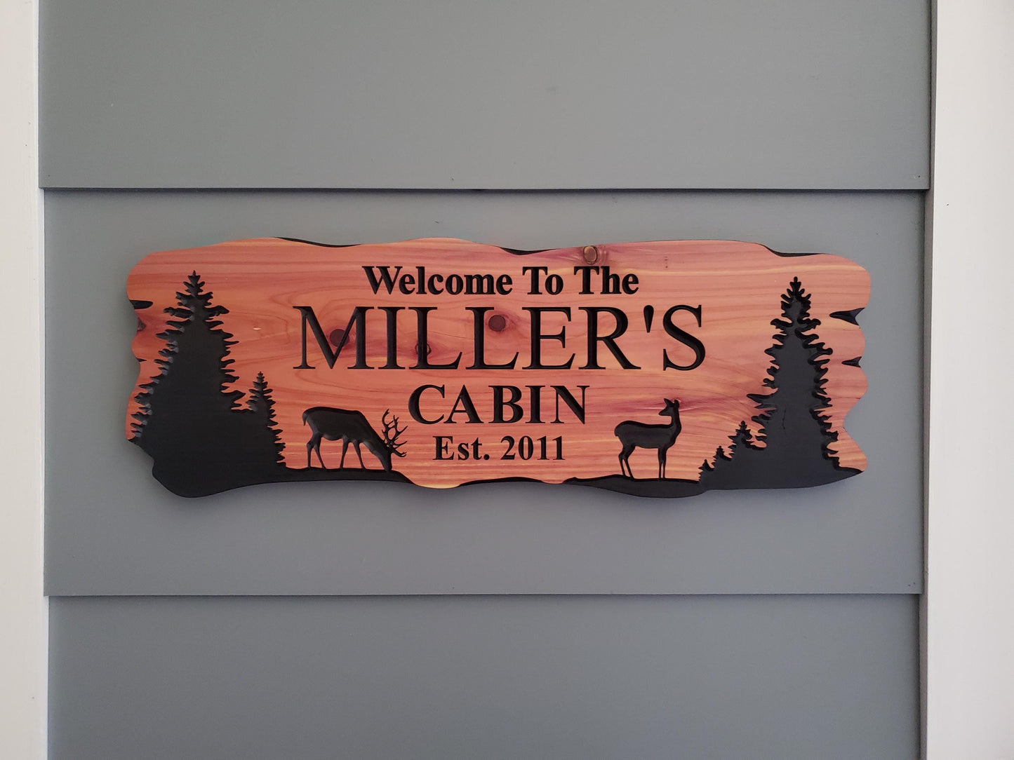 Custom Rustic Cabin Sign, Personalized Family Last Name Outdoor Wooden Plaque, Exterior Welcome With Established Date, Deer Camp Woods Scene