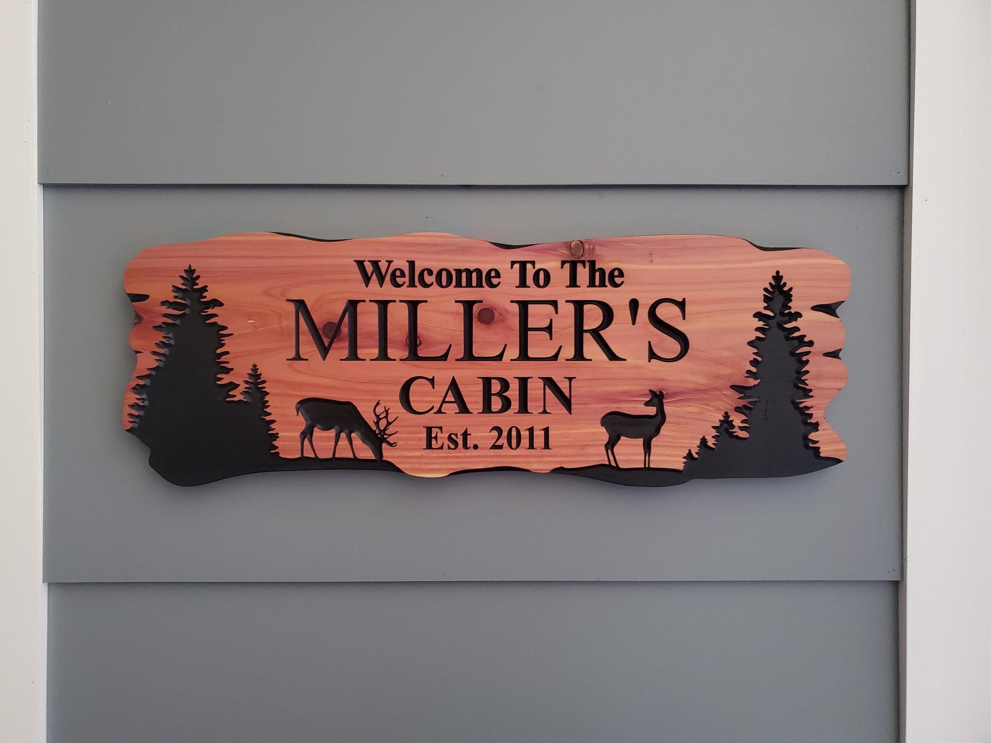 Custom Rustic Cabin Sign, Personalized Family Last Name Outdoor Wooden Plaque, Exterior Welcome With Established Date, Deer Camp Woods Scene