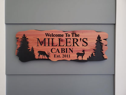 Custom Rustic Cabin Sign, Personalized Family Last Name Outdoor Wooden Plaque, Exterior Welcome With Established Date, Deer Camp Woods Scene